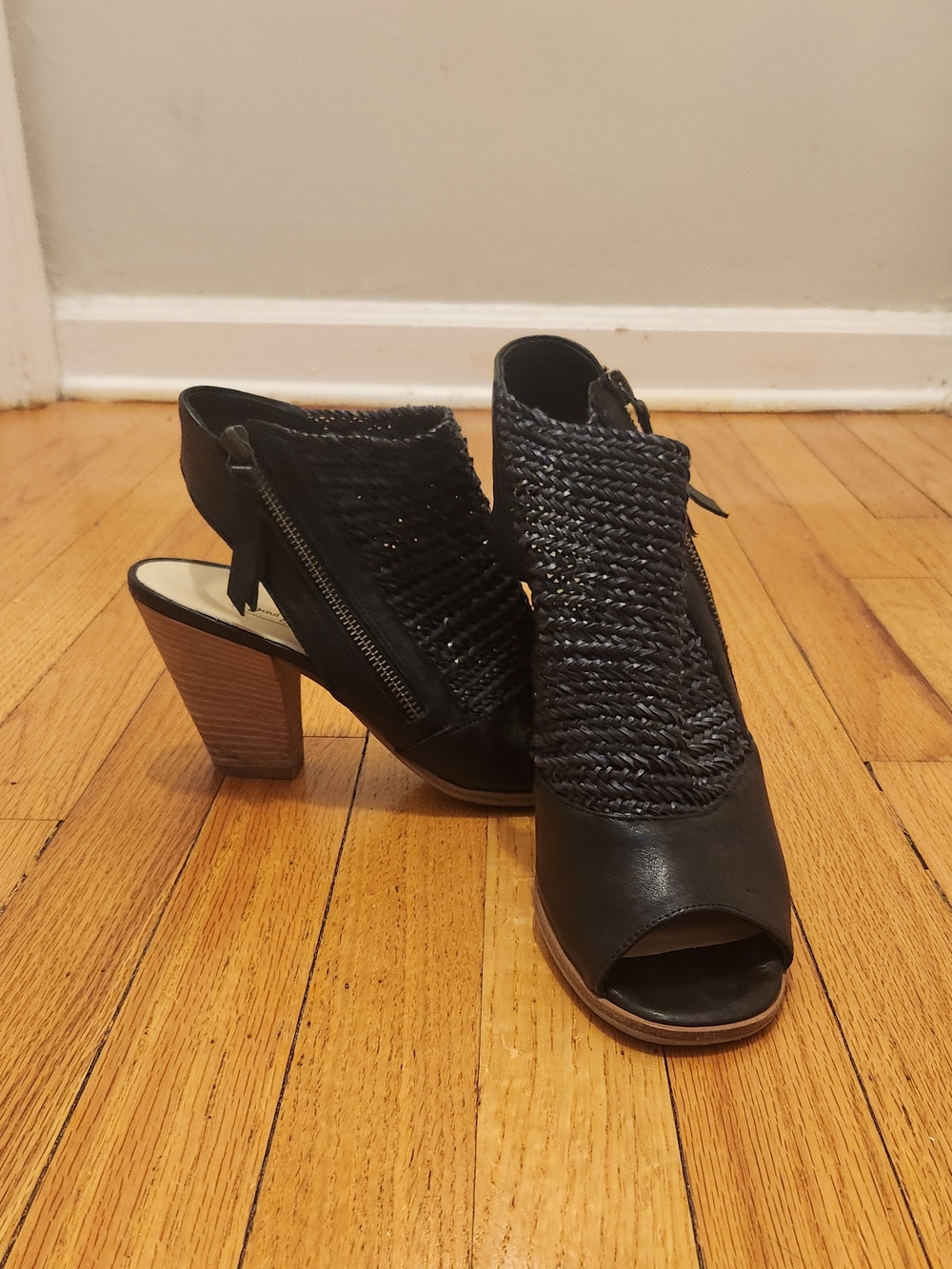 Paul Green Leilani Black Woven Leather Peep Toe Sandal Block Heel Size UK7
